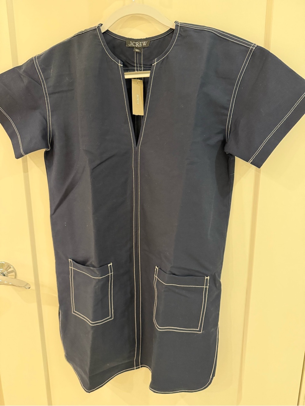 J.Crew Navy Patch Pocket Pullover Dress with White Contrast Stitching
